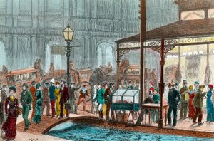 オーストラリア、メルボルンの土曜日の夜の街並み。通行人が橋の上を歩いている。19世紀のエングレーヴィング。個人蔵