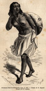 モンクーロの水運び人。サムリア人女性（エチオピア）で、長いヤシの繊維のロープに吊るされた革製のアッパーを身につけ、粘土の入った大きなタンクに空けて獣に水を与えます。1862年、ギヨームが描いた「アビシニアへの旅を描くためのエングレーヴィング 作： Unknown artist