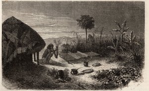 ザンベーズ川のほとりで、織姫とその織姫。1840年から1856年にかけて行われたリビングストン博士の南部アフリカへの最初の航海を示すエングレーヴィング。 作： Unknown artist
