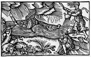 オラウス・マグヌスの "Historia de gentis nortentrionalibu "の後、魔女が嵐を起こす（1555年、ローマ 作： Unknown artist