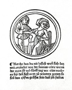 女性の出血。Hyeronimus Braunschweigの "Buch de Surgery "のXylography。ストラスブール1497年 作： Unknown artist