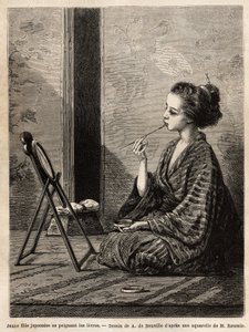 鏡の前で唇を塗っている江戸の少女が、櫛、ブラシ、ヘアピン、歯磨き粉、米の粉などの化粧品を入れた漆の箱を持っている様子です。説明のためのエングレービング 作： Unknown artist