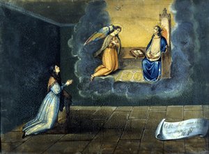 若い女性が祈りを捧げる。モンツァのマドンナ・デレ・グラツィエの聖域からのEx voto。1833. 作： Unknown artist
