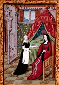 寝室でルイーズ・ラヴァル（1480年没）と思われる若い女性とその使用人のミニチュア 「Histoire de Jean III de Brush et de sa femme Louise de Laval」（ms 1475, fol 10r）より引用