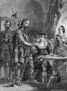 スコットランドとフランスの女王（1559年～1560年）であったメアリー1世スチュアート（1542年～1587年）の退位。1861年に描かれた版画。