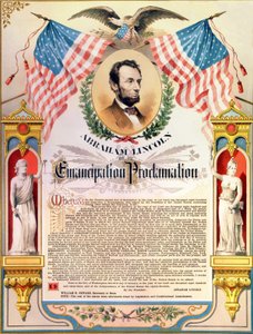 エイブラハム・リンカーンと奴隷解放の宣言（旗と鷲）。22-09-1862. 作： Unknown artist