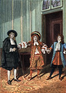 モリエールの散文による全5幕の喜劇バレエ「Le Bourgeois Gentilhomme」の第2幕。哲学の達人（ルノワール氏）、舞踊の達人（トリュフィエ氏）、ジュルダン氏（コケリン氏の若い頃）。1890年頃。 作： Unknown artist