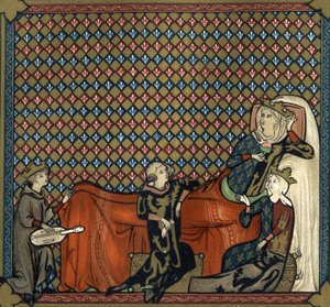 アデネット・ル・ロワ（1240年頃～1300年頃）、詩人でメネストレル、クレオマデスの小説を朗読する、マチルド・ド・ブラバン（1224年～1288年）とカスティーリャの王女ブランシュ（サン・ルイの娘）の前で。ミニアチュールの後、19世紀のクロモリトグラフによるファクシミリ。 作： Unknown artist