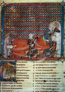 アデネット・ル・ロワ（1240年頃～1300年頃）は、マチルド・ド・ブラバン（1224年～1288年）とカスティーリャの王女ブランシュ（サン・ルイの娘）の前で、詩人でありメネストレルであり、クレオマデスの小説を朗読しています。フランスの詩集のミニチュア 作： Unknown artist