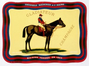 Gladiateur Champagne - Théophile Roederer & C.」の広告ラベル。ランス、1864年設立のメゾン」の広告ラベル。クロモリトグラフ n.d. 作： Unknown artist
