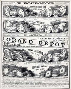 1889年の "La Ceramic Moderne By Le Grand Depot De Porcelaines, Faiences Et Verreries Bourgeois in Paris "の広告。 作： Unknown artist