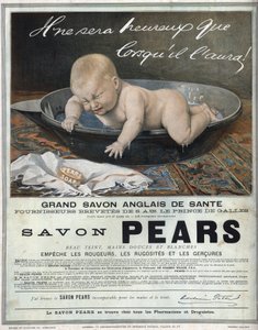 イギリスの偉大な健康石鹸「ペアーズ」の1889年の広告。お風呂に入っている赤ちゃんが泣き叫んで石鹸を捕まえようとする。 作： Unknown artist