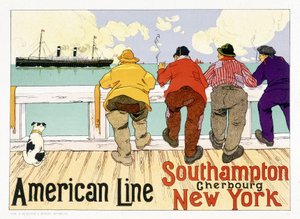 ブリュッセルの "Pictorial Placard "に掲載されたアメリカラインの広告ポスター「Southampton, Cherbourg, New York」。