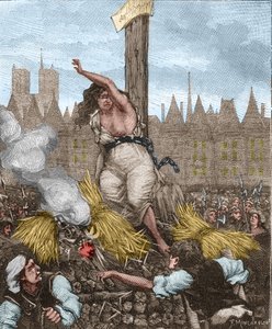 毒物の事件。モンヴォワザンの妻で「ラ・ヴォワザン」と呼ばれていたカトリーヌ・デシェイズ（1640-1680）は、肉屋に乗せられ、座らされ、鉄で縛られていた。 作： Unknown artist