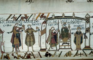エドワード懺悔王の死後、ハロルドは1066年にハロルド2世として王位に就きました。 バイユー・タペストリーの詳細またはマチルダ王妃の刺繍