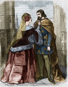 アグネス・ソレル（1422-1450）（ボーテ・シュル・マルヌの婦人）（ボーテ・シュル・マルヌ）とフランス王シャルル7世、ジュミエージュ修道院にて。19世紀のエングレーヴィング。