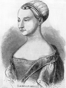 アグネス・ソレル（1422-1450）（ボーテ・シュル・マルヌの貴婦人）（ボーテ・シュル・マルヌ）、シャルル7世に寵愛された「ラ・ベル・アグネス」として知られている。19世紀のエングレーヴィング。 作： Unknown artist