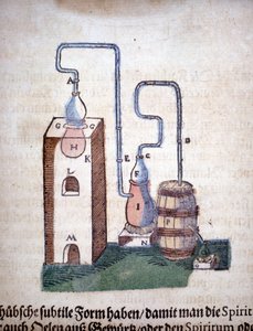 錬金術：Pietro Andrea Mattioli (Matthiole) (1500-1577)の本から引用された蒸留のための装置。フランクフルト 作： Unknown artist