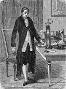 アレキサンダー（アレッサンドロ）・ボルタは、1799年12月に電気モーター（またはバッテリー）を作りました。科学のアルバム」（ジュベ社）にて 作： Unknown artist