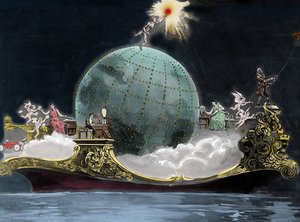 電気に関する科学技術の進歩を表すアレゴリーで、地球の周りには、電信機を発明したイタリアの物理学者グリエルモ・マルコーニ（1874-1937）、無線電信局にいる女性、そして左にはベンジャミンが描かれています。 作： Unknown artist