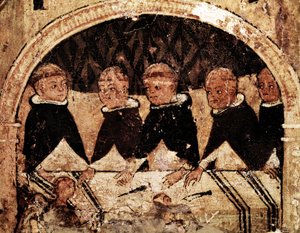 ドミニコ修道会の創設者であるグスマンの聖ドミニカ（1170-1221）の生涯を描いた祭壇画：攻撃可能なドミニカ修道士の集団。13世紀の木版画。ナポリ、カポディモンテ国立美術館 作： Unknown artist