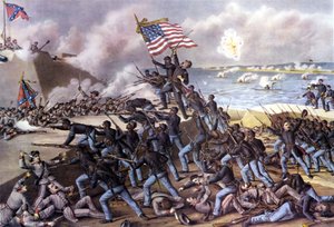 アメリカ南北戦争（1861～1865年）：1863年7月、2000人の黒人志願兵がジョージア州沖のジェキル島にあるワグナー砦を攻撃した様子。19世紀のエングレーヴィング。 作： Unknown artist