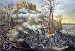 アメリカ分離独立戦争または南北戦争（1861年～1865年）：1863年11月23日、テネシー州ルックアウト・マウンテンの戦い、霧のために連邦軍がより速く前進できたことから、今日では雲の上の戦いとして知られている攻撃。19世紀のエングレーヴィング。 作： Unknown artist