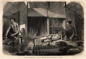 ラコン(ラオス)のアンナマイドの内装。1866年から1868年にかけてヴァイスソー中尉フランシス・ガルニエがインドシナで行った探検旅行を説明するためのエングレーヴィングで、エドゥアール・シャルトン編「Le tour du monde」1870年から1871年に掲載されている。 作： Unknown artist