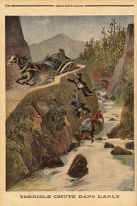 サヴォアのベンチでの戦車の事故、車は横転し、乗客はアルリーで降ろされる。1896年8月2日付「Le petit journal」に掲載されたエングレーヴィング。セルバのコレクション。 作： Unknown artist