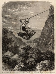 人や物を運ぶために、ロープで吊り下げられたひも状のバスケットを、腕の力で吊り下げロープを引っ張って移動させる空のフェリー。の日本への航海を説明するために描かれた版画。 作： Unknown artist