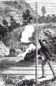 Uma gravura representando um trabalhador ferroviário enviando um sinal de emergência em um telégrafo ferroviário
