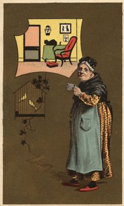 鳥のいる檻の近くでカップを持つ老婆。アノニマス・クロモリトグラフィー 19世紀後半 作： Unknown artist