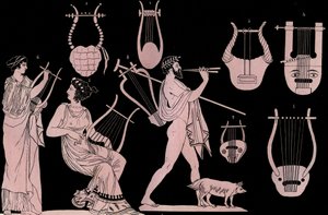 古代ギリシャの楽器：竪琴とシタラ（cithare）（kithara）-「宇宙のあらゆる民族の用途と習慣」の刻印。つまり、最も遠い時代から現在に至るまでの、すべての国の政府、法律、民兵、宗教の歴史です。 作： Unknown artist