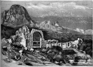 古代建築：ザグーアン（チュニジア）のローマ神殿の遺跡。1882年4月22日付「The Illustrous World」1308号に掲載されたリウゲルの版画。 作： Unknown artist