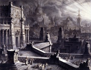 紀元前6世紀にダリオス1世が建設したペルシャ・アケメネス朝の古代都市ペルセポリス。紀元前331年にアレキサンダー大王によって略奪され、焼失した。19世紀のイル 作： Unknown artist