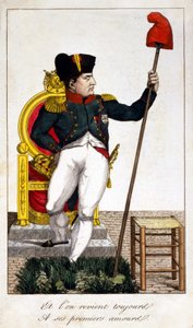 そして、いつも彼の初恋の人、1815年に権力を握ったナポレオン1世を描いた風刺画に戻るのです（「百日のエピソード」）。 作： Unknown artist
