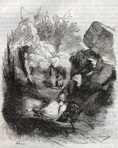 年老いた隠者から逃げるアンジェリーク（アンジェリカ）-1851年のエングレーヴィング、ルドヴィコ・アリオストの「激情のロラン」（Orlando furioso）（16世紀）より、アリオスタとして知られている-トレッサン伯爵がイタリア語から翻訳し、ギュスターヴ・ハーバードが出版した版1 作： Unknown artist