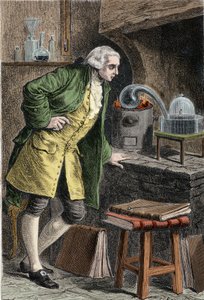Antoine Laurent Lavoisier (1743-1894) フランスの化学者、空気中の酸素の存在を調査：酸化水銀を入手した実験 - Lavoisier dans son laboratoire.19世紀のエングレービング。 作： Unknown artist