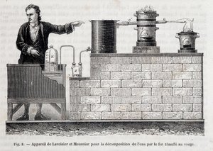 Antoine Laurent de Lavoisier と Meusnier が開発した、赤熱した鉄で水を分解する装置 - Figuier の「Les wonders de l
