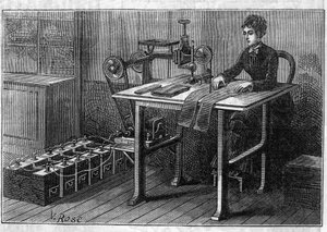 フォーレ電池の応用：アキュムレータで作動する布用の裁断機。"Le Monde Illustré "に掲載された図版 作： Unknown artist