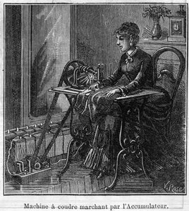 フォーレ電池の応用：アキュムレータの中を歩く電気ミシン。"Le Monde Illustré "に掲載された図版 作： Unknown artist