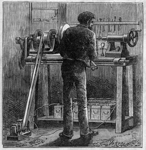 フォーレ電池の応用：アキュムレーターで動く職人のターン。"Le Monde Illustré "に掲載された図版 作： Unknown artist