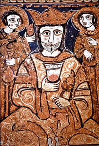 アラボノルマン様式で描かれたシチリア島のロジャー2世（1095-1154）の肖像が高貴な人々を取り囲んでいます。12世紀の木版画。イタリア、シチリア、パレルモ、王宮のパラティーナ礼拝堂（Cappella Palatina del Palazzo Reale 作： Unknown artist