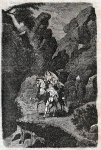 花婿の命令で襲われたアルギー-1851年の版画（ルートヴィコ・アリオスト著「激情のロラン」（Orlando furioso）（16世紀）より）アリオスタ-版はトレサン伯爵がイタリア語から翻訳し、ギュスターヴ・ハルヴァルが出版した。 作： Unknown artist