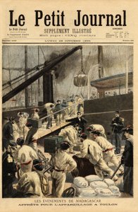 植民地大臣テオフィル・デルカス（1852-1923）の決定により、マダガスカルへの遠征のため、巡洋艦デュペティ＝トゥアールとラペルーズのトゥーロンでの武装と、15,000人の軍隊の搭乗が行われる。1894年10月29日付の「Le petit journal」に掲載された図版。セルバのコレクション 作： Unknown artist