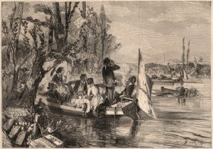 1857年のパリ周辺。アスニエールのカヌー隊。1857年の「Le Monde illustrious」誌に掲載された版画。個人蔵。 作： Unknown artist