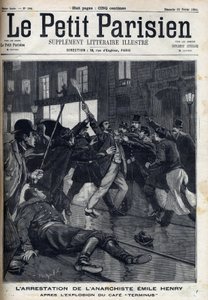 パリのカフェ「テルミヌス」の爆発後、アナキストのエミール・アンリ（1872-1894）が逮捕される。"Le Parisien "に掲載された版画 作： Unknown artist