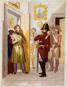 愛国者フェデリコ・コンファロニエリ（1785-1846）がイタリア軍に逮捕される様子。19世紀のエングレーヴィング リソルジメント博物館、ローマ