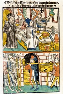 教皇マルティヌス5世が選出されたコンスタンツ公会議（1417年）のメンバーに食事を提供するために到着した。"Das Concilium" 作： Unknown artist