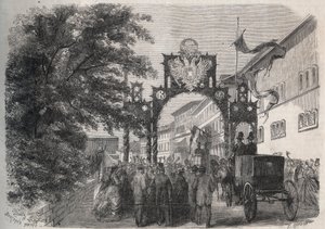1865年、バート・キッシンゲン（温泉）に到着したエリザベート・オブ・オーストリア（シシィ）（オーストリアのエリザベート） - 1865年の「The Illustrous World」に掲載された刻印
